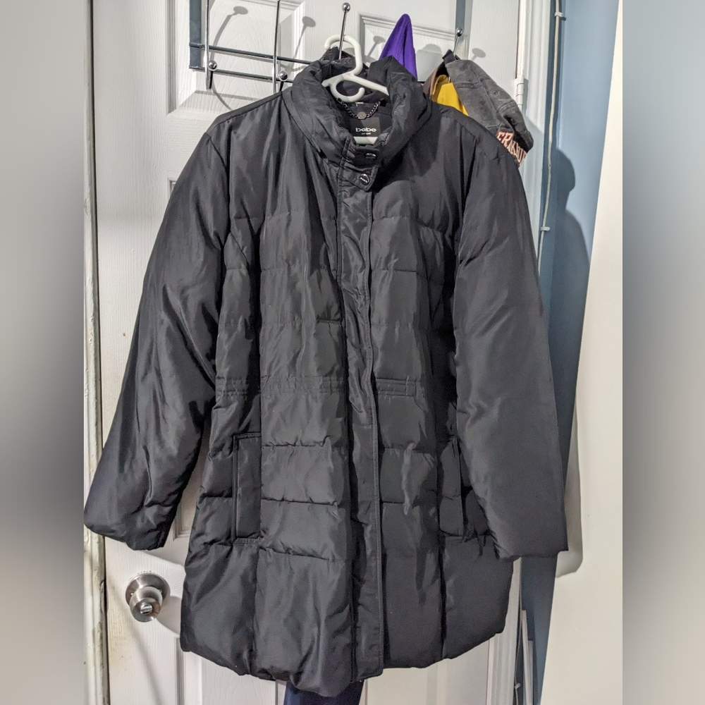 Bebe women's winter down puffer hooded jacket, black, size 3X
